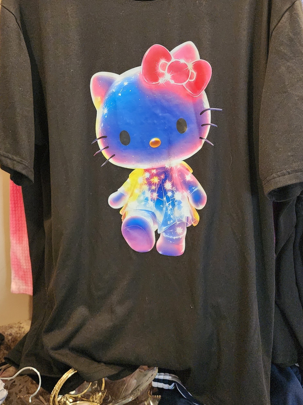 Hello Kitty Black Tee with Rainbow Galaxy Character